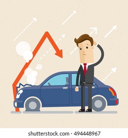 Insurance  Concept. Upset Man In Suit Stand Near His Blue Car Was Crashed In Pole. Vector, Illustration, Flat