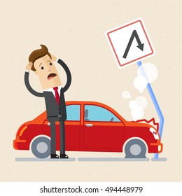 Insurance  concept. Upset man in suit stands near his blue car was crashed in pole. Vector, illustration, flat