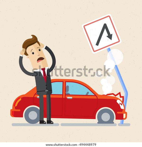 Insurance  concept.\
Upset man in suit stands near his blue car was crashed in pole.\
Vector, illustration,\
flat