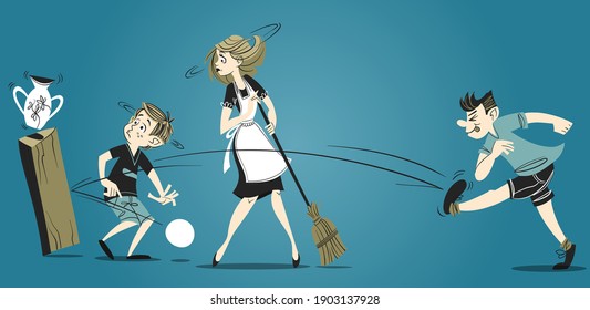 Concepto de seguro - ilustración vectorial de dos niños juegan en casa con fútbol y rompen un jarrón. mamá barre el suelo. 