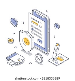Insurance contract customer user protect guarantee concept isometric line vector illustration. Agreement document sign legal form assurance finance health estate transport safety commitment warrantee