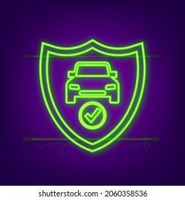 insurance contract document. Shield icon. Neon icon. Protection. Vector stock illustration