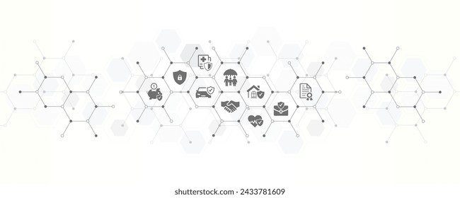 Banner de cobertura de seguro con los iconos del sitio web y el símbolo de los acuerdos de salud del coche seguro de hogar protección de la riqueza seguro de familia ilustración vectorial