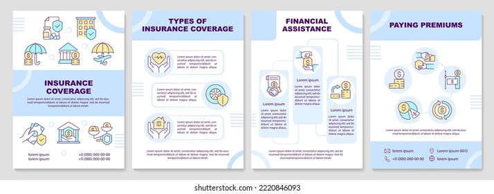 Insurance coverage blue brochure template. Protection of risk. Leaflet design with linear icons. Editable 4 vector layouts for presentation, annual reports. Arial-Black, Myriad Pro-Regular fonts used