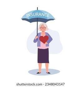 Insurance Coverage concept. Senior Woman with Big Heart Shielded with Umbrella of Security. Flat vector cartoon illustration