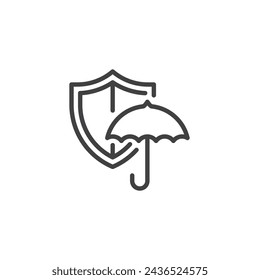 Symbol der Versicherungsdeckungslinie. Lineares Stilzeichen für mobiles Konzept und Webdesign. Schild- und Regenschirm-Umriss-Vektor-Symbol. Symbol, Logo-Darstellung. Vektorgrafik