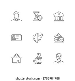 Juego de iconos lineales de cobertura de seguros. Protección garantizada. Reclamo de dinero. Efectivo por auto. Política de depósitos. Símbolos de contorno de línea delgada personalizables. Ilustraciones aisladas del contorno vectorial. Trazo editable
