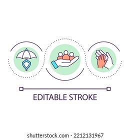 Icono de concepto de bucle de cobertura de seguros. Ilustración de la delgada línea de ideas abstractas del plan de salud sin fines de lucro. Protección contra riesgos. Atención de la salud. Dibujo de contorno aislado. Trazo editable. Tipo de letra arial utilizado