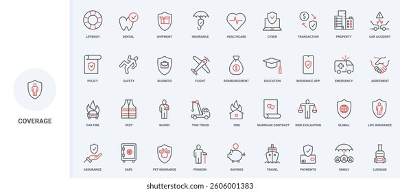 Insurance coverage, policy documents, life and health risk protection, contract line icon set. Injury in accident, damage of house and car thin black and red outline symbols vector illustration