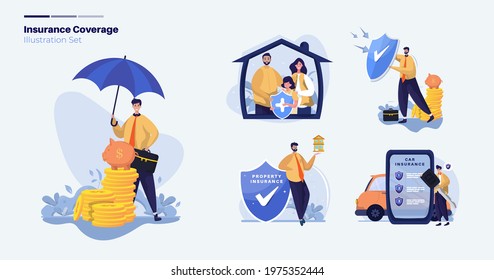 Insurance coverage protection illustration collection set