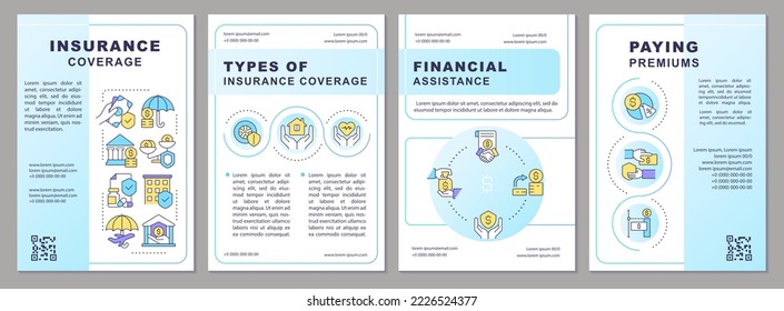 Plantilla de folleto azul de los servicios de cobertura de seguros. Seguridad financiera. Diseño del prospecto con iconos lineales. Editable 4 diseños vectoriales para presentación, informes anuales. Fuentes ariales, infinitas Pro-regulares usadas