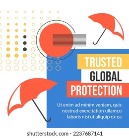 Insurance coverage, trusted global protection for family, life and accidents. Umbrella and information about plan and details of covering. Promotional banner or advertisement. Vector in flat style