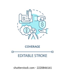 Icono de concepto turquesa de cobertura de seguros. Compensación monetaria. Ayuda financiera abstracta idea de línea delgada. Dibujo de contorno aislado. Trazo editable. Fuentes Arial, Myriad Pro-Bold utilizadas