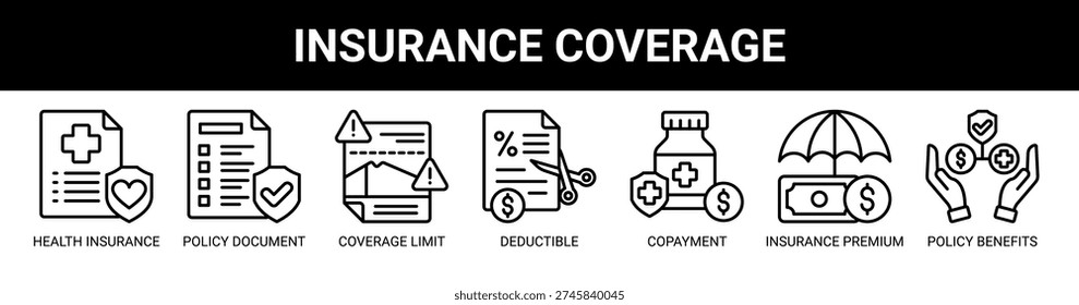 Insurance Coverage web banner icon vector illustration concept with icons of health insurance, policy document, coverage limit, deductible amount, copayment, insurance premium, and policy benefits.