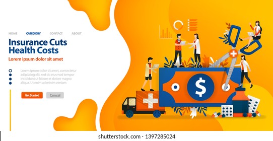 Insurance Cuts Health Costs. money cut with giant scissors .vector illustration concept can be use for landing page, template, ui ux, web, mobile app, poster, banner, website, marketing and ads