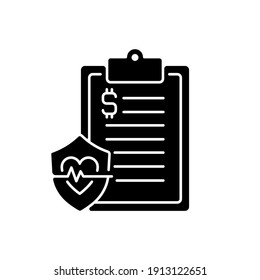 Insurance Data Black Glyph Icon. Health Insurance Coverage. Paying For Medical, Surgical Expenses, Prescription Drugs. Silhouette Symbol On White Space. Vector Isolated Illustration