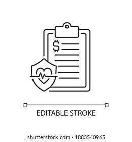 Icono lineal de datos de seguros. Cobertura del seguro de salud. Pago de gastos, medicamentos recetados. Ilustración personalizable de línea delgada. Símbolo de contorno. Dibujo de contorno aislado del vector. Trazo editable