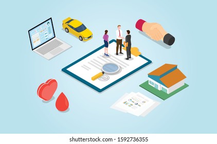 insurance deal contract for car house or health finance with modern isometric style - vector