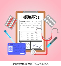 Insurance document, medicine, stethoscope, syringe, present, health insurance.
