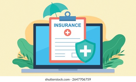 Insurance document on laptop screen. Document protected by shield and umbrella. FLat design vector. Illustration of laptop with document. Insurance and employee protection.