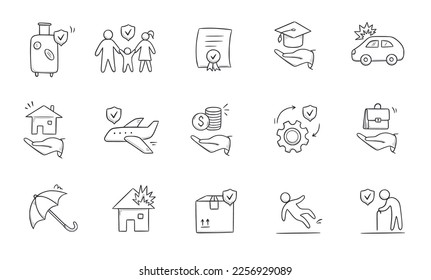 Insurance doodle icon set. Hand drawn sketch life shield, insurance umbrella, medical safety icon set. Health safety, car accident, house protect vector illustration.