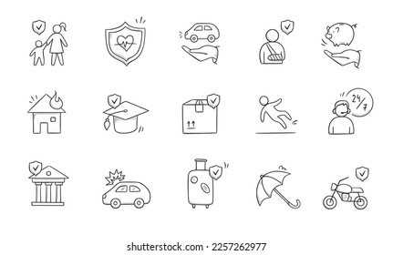 Juego de iconos del doodle de seguro. Esbozo dibujado a mano protector de vida, paraguas de seguro, conjunto de iconos de seguridad médica. Seguridad de la salud, accidentes de auto, protección de la casa ilustración vectorial.