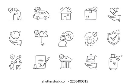 Insurance doodle icon set. Hand drawn sketch life shield, insurance umbrella, medical safety icon set. Health safety, car accident, house protect vector illustration.