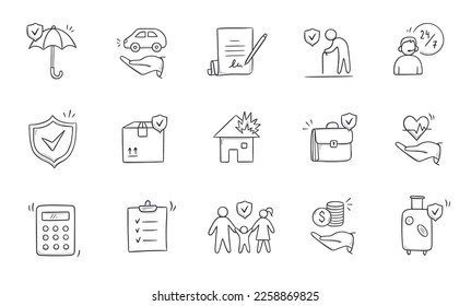 Insurance doodle icon set. Hand drawn sketch life shield, insurance umbrella, medical safety icon set. Health safety, car accident, house protect vector illustration.