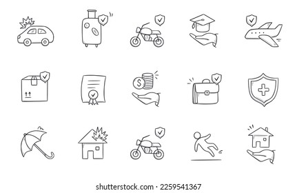 Juego de iconos del doodle de seguro. Esbozo dibujado a mano protector de vida, paraguas de seguro, conjunto de iconos de seguridad médica. Seguridad de la salud, accidentes de auto, protección de la casa ilustración vectorial.