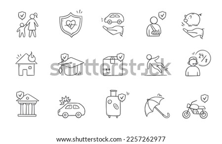Insurance doodle icon set. Hand drawn sketch life shield, insurance umbrella, medical safety icon set. Health safety, car accident, house protect vector illustration.
