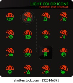 Insurance easy color vector icons on dark background for user interface design