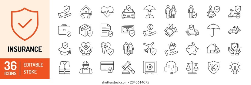 Insurance editable stroke outline Icons set. Health insurance, vehicle, life, medical, home, travel, accident and business. Vector illustration