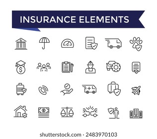 Insurance Elements Icon set with editable stroke collection for web and ui. Line icons pack. Vector illustration.