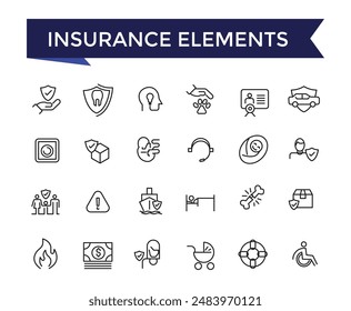 Insurance Elements Icon set with editable stroke collection for web and ui. Line icons pack. Vector illustration.
