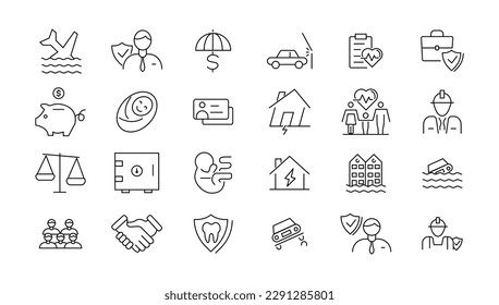 Elementos de seguro - juego de iconos de línea delgada mínimo. Colección de iconos de esquema. Ilustración vectorial simple
