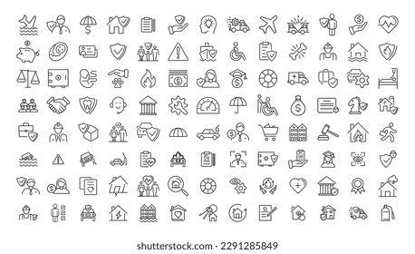 Versicherungselemente - minimaler Thin-Line-Icon-Satz. Kollektion von Symbolen in einer Übersicht. Einfache Vektorgrafik
