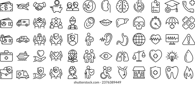 Insurance elements - minimal thin line web icon set. Containing healthcare medical, life, car, etc. vector illustration