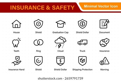 Insurance elements - minimal thin line web icon set. Insurance editable stroke symbols collection. Life, Car, House, Care, Money Insurance.