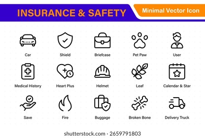Insurance elements - minimal thin line web icon set. Insurance editable stroke symbols collection. Life, Car, House, Care, Money Insurance.