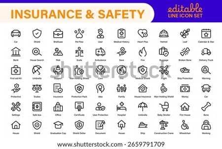 Insurance elements - minimal thin line web icon set. Insurance editable stroke symbols collection. Life, Car, House, Care, Money Insurance.