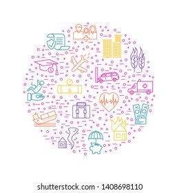 Insurance Elements Thin Line Round Design Template Include of Car, Family, Health and Real Estate. Vector illustration of Icons