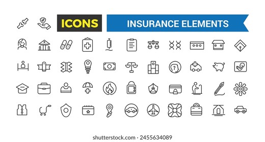Insurance Elements Thin Line Web Icon Set, Outline Icons Collection, Icon collection. Editable vector illustration.