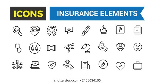 Insurance Elements Thin Line Web Icon Set, Outline Icons Collection, Icon collection. Editable vector illustration.