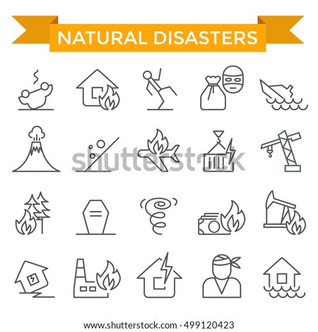 Insurance events and natural disasters icons, thin line flat design