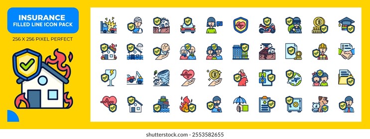 Insurance Filled Line Icons Pack, Contain Such as Car Insurance, Family Insurance, Insurance Police and More