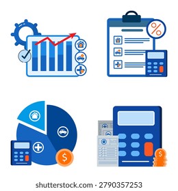 Insurance and finance calculation set collection. Charts, calculator, clipboard and pie graph icons for budgeting, asset management and cost analysis concept.