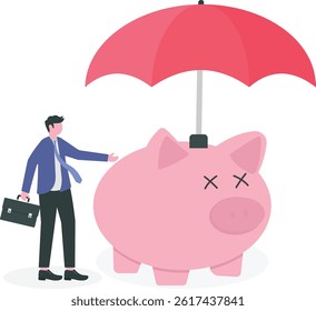 Insurance and finance saving protection in economy crisis, safety investment or all weather portfolio concept, confidence businessman investor with his piggy bank safety money covered by big umbrella.