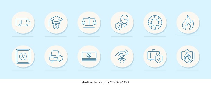 Insurance and finance set icon. Ambulance, graduation cap, scales, and shield. Protection, safety, security, and investment concept.