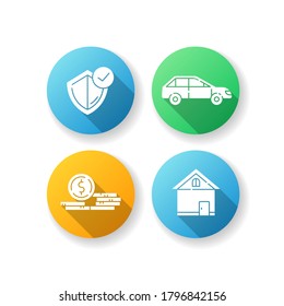 Insurance flat design long shadow glyph icons set. Money claim. General coverage policy. Risk management service for property. Cash for car. Legal control. Silhouette RGB color illustration