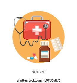 Insurance Flat Icons Set for Poster, Web Site, Advertising like Medicine chest, Stethoscope and Pill.